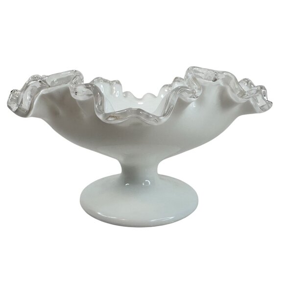 VTG FENTON Silver Crest Milk Glass Pedestal Bowl Candy Dish Clear Ruffle Edge 7" - Picture 2 of 10
